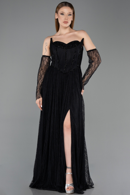 Standesamtkleid Lang Spitze Schwarz ABU5887