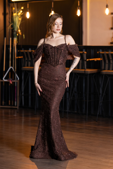 Abendkleid im Meerjungfrau-Stil Lang Spitze Braun ABU5822