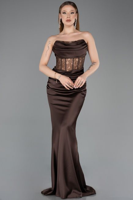 Abendkleid im Meerjungfrau-Stil Lang Satin Braun ABU5888