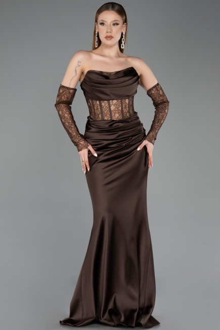 Abendkleid im Meerjungfrau-Stil Lang Satin Braun ABU5888