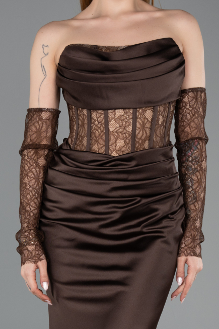Abendkleid im Meerjungfrau-Stil Lang Satin Braun ABU5888