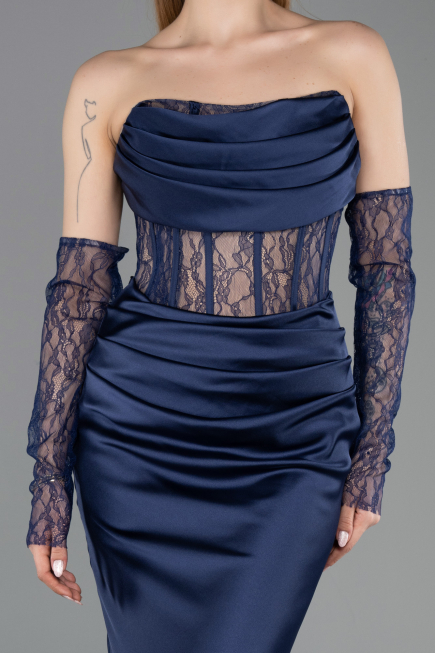 Abendkleid im Meerjungfrau-Stil Lang Satin Marineblau ABU5888
