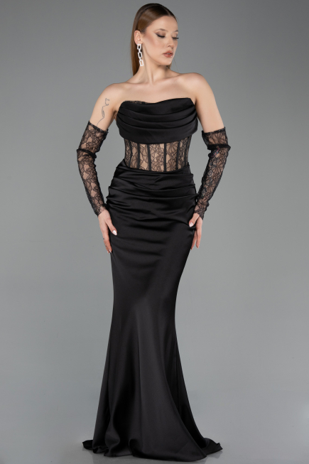 Abendkleid im Meerjungfrau-Stil Lang Satin Schwarz ABU5888