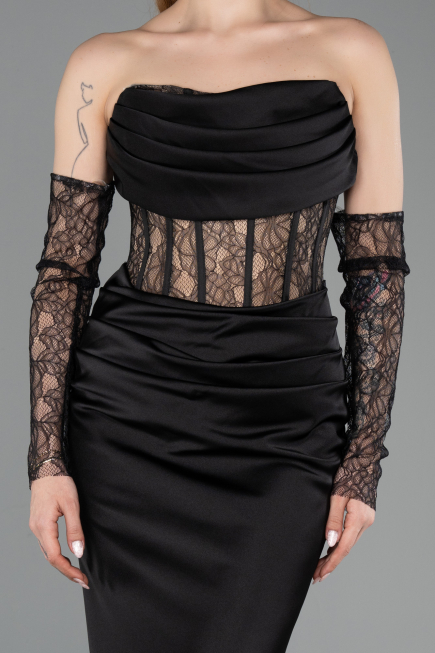 Abendkleid im Meerjungfrau-Stil Lang Satin Schwarz ABU5888