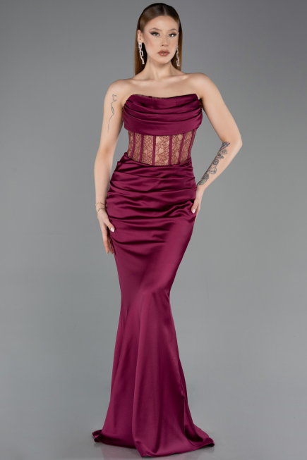 Abendkleid im Meerjungfrau-Stil Lang Satin Kirschrot ABU5888