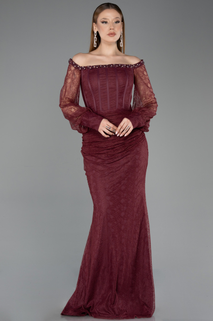 Abendkleid im Meerjungfrau-Stil Lang Spitze Weinrot ABU5890