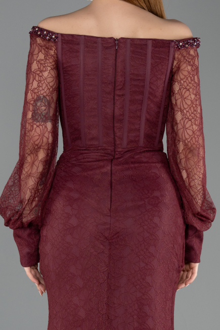 Abendkleid im Meerjungfrau-Stil Lang Spitze Weinrot ABU5890