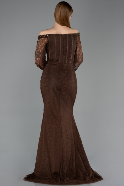 Abendkleid im Meerjungfrau-Stil Lang Spitze Braun ABU5890