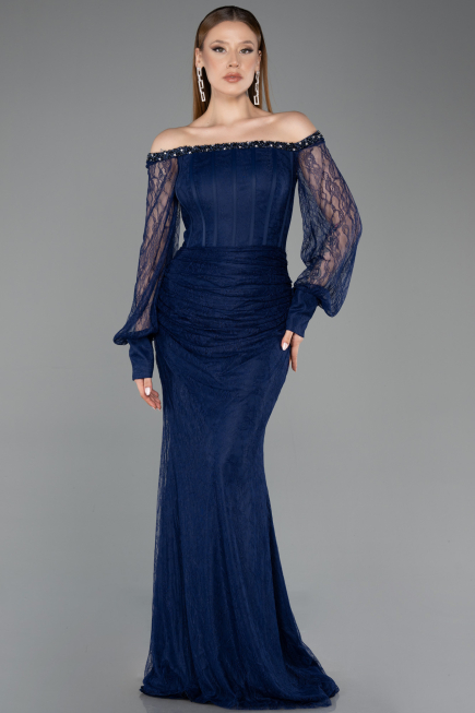Abendkleid im Meerjungfrau-Stil Lang Spitze Marineblau ABU5890