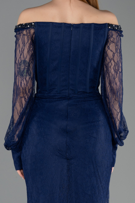 Abendkleid im Meerjungfrau-Stil Lang Spitze Marineblau ABU5890
