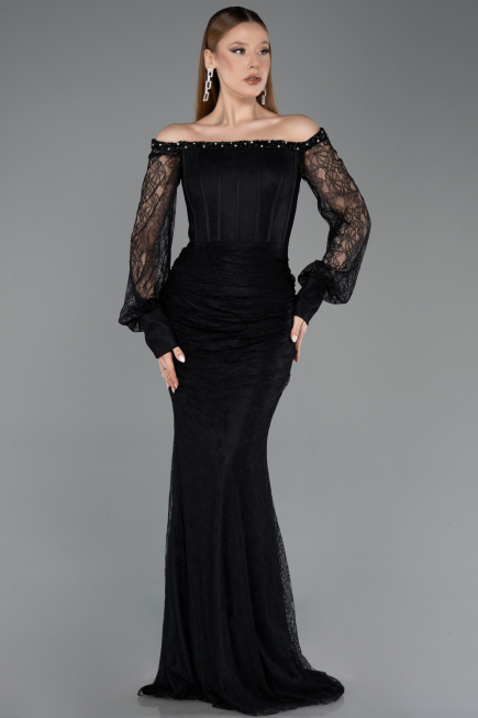 Abendkleid im Meerjungfrau-Stil Lang Spitze Schwarz ABU5890