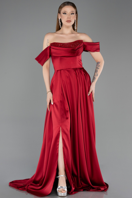 Abendbekleidung Lang Satin Weinrot ABU5891