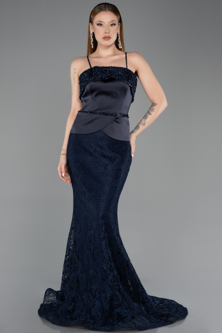 Abendkleid im Meerjungfrau-Stil Lang Guipure Spitze Marineblau ABU5869