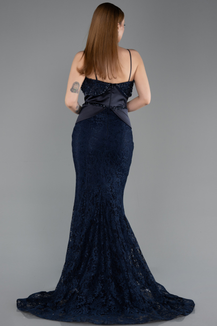 Abendkleid im Meerjungfrau-Stil Lang Guipure Spitze Marineblau ABU5869