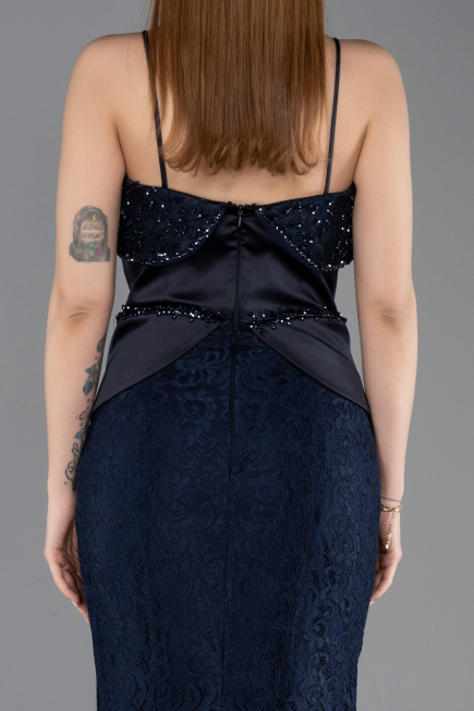 Abendkleid im Meerjungfrau-Stil Lang Guipure Spitze Marineblau ABU5869