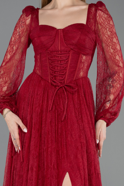 Weinrot Standesamtkleid Spitze Lang ABU5797