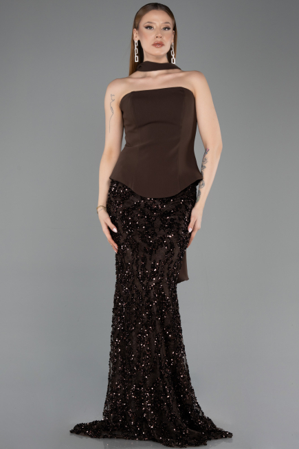 Abendkleid im Meerjungfrau-Stil Lang Schuppig Braun ABU5896