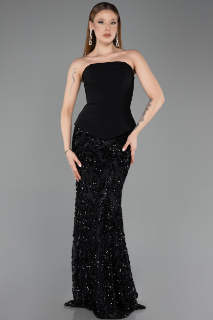 Abendkleid im Meerjungfrau-Stil Lang Schuppig Schwarz ABU5896