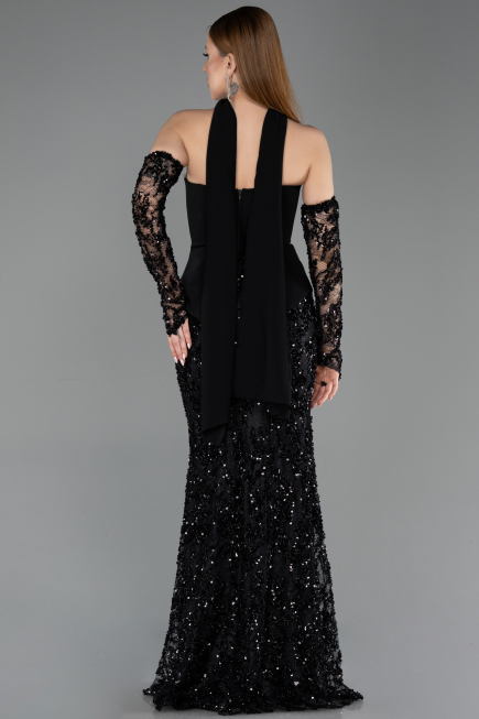 Abendkleid im Meerjungfrau-Stil Lang Schuppig Schwarz ABU5896