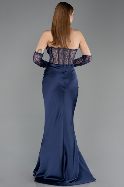 Abendkleid im Meerjungfrau-Stil Lang Satin Marineblau ABU5888