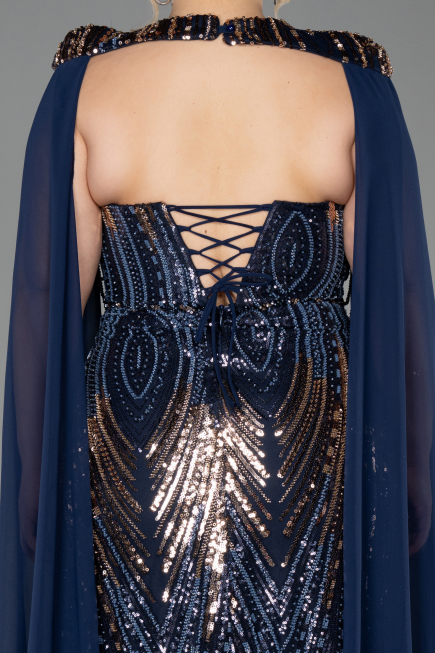 Abendkleid in Übergröße Lang Schuppig Marineblau ABU5830