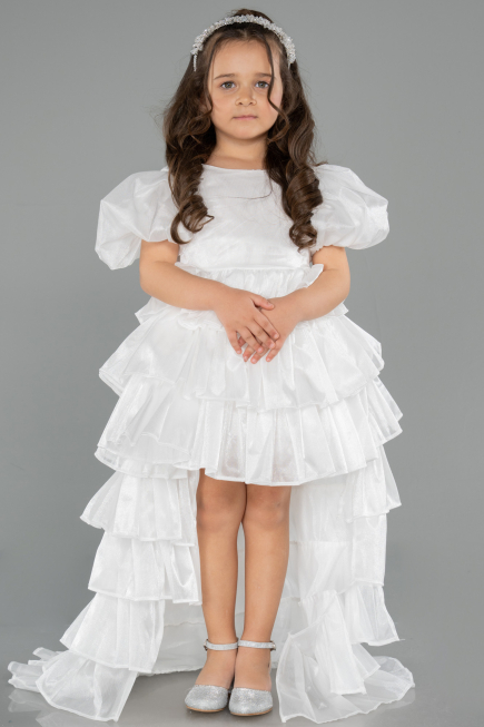 Abendkleid für Kinder Vorne Kurz-Hinten Lang Satin Weiß ABO131