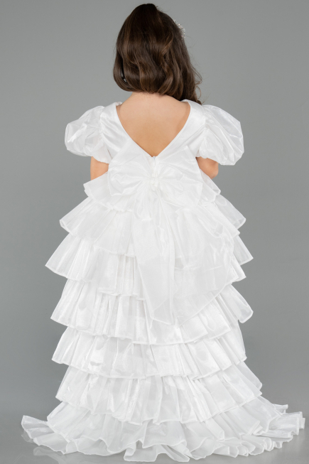 Abendkleid für Kinder Vorne Kurz-Hinten Lang Satin Weiß ABO131