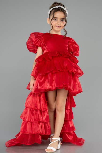 Abendkleid für Kinder Vorne Kurz-Hinten Lang Satin Rot ABO131