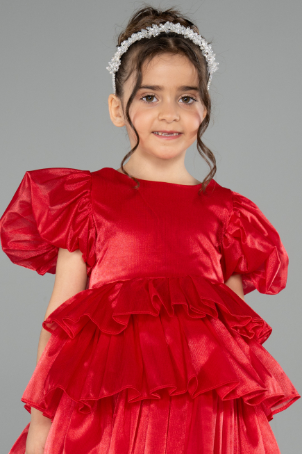 Abendkleid für Kinder Vorne Kurz-Hinten Lang Satin Rot ABO131