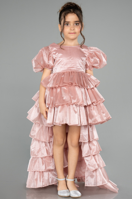 Abendkleid für Kinder Vorne Kurz-Hinten Lang Satin Puder ABO131