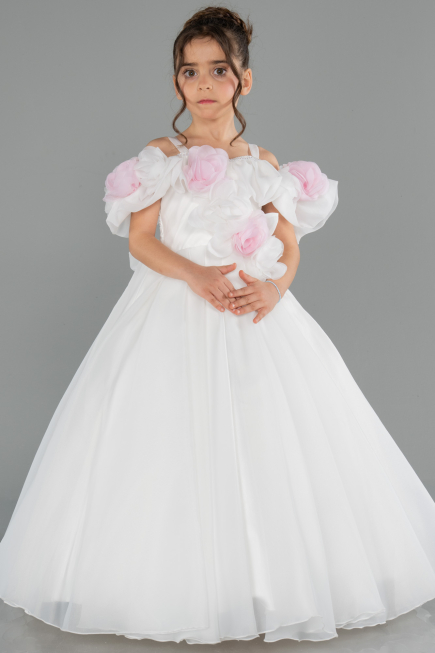 Brautkleid für Kinder Lang Satin Weiß ABG182
