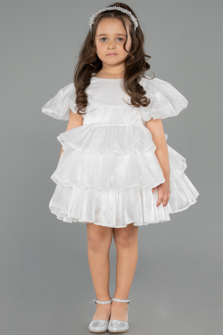 Abendkleid für Kinder Vorne Kurz-Hinten Lang Satin Weiß ABO131