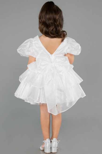 Abendkleid für Kinder Vorne Kurz-Hinten Lang Satin Weiß ABO131
