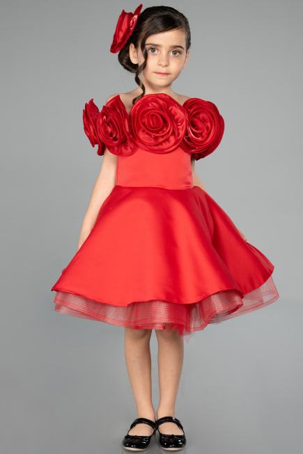 Rot Abendkleid Für Kinder Satin Kurz ABK2573