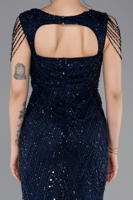 Abendkleid Lang Perlenbesetzt Marineblau ABU5914
