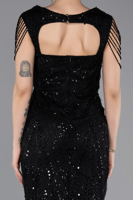 Abendkleid Lang Perlenbesetzt Schwarz ABU5914