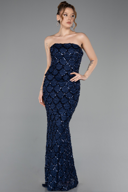 Abendkleid Lang Schuppig Marineblau ABU5916