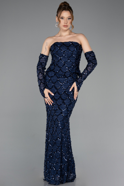 Abendkleid Lang Schuppig Marineblau ABU5916