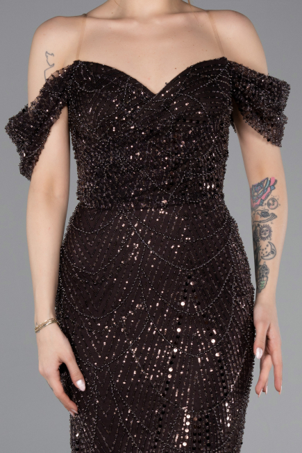 Braun Abendkleid Perlenbesetzt Lang ABU5557