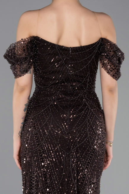 Braun Abendkleid Perlenbesetzt Lang ABU5557