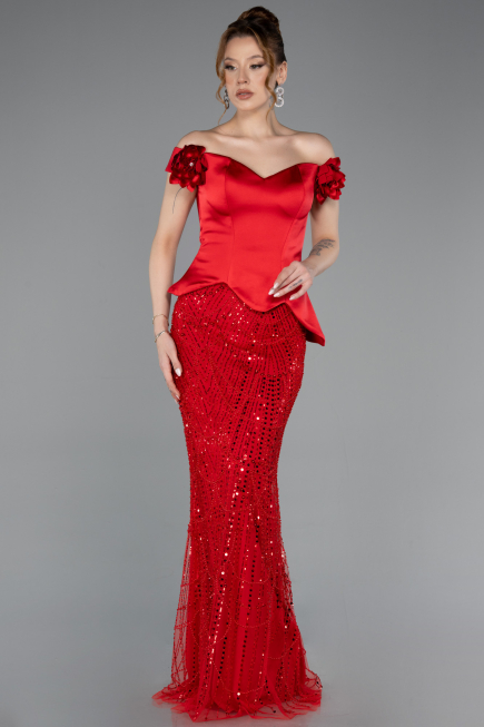 Rot Abendkleid Perlenbesetzt Lang ABU5616