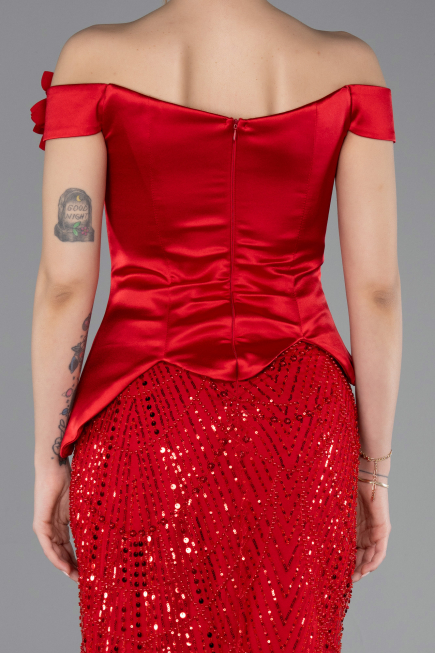 Rot Abendkleid Perlenbesetzt Lang ABU5616