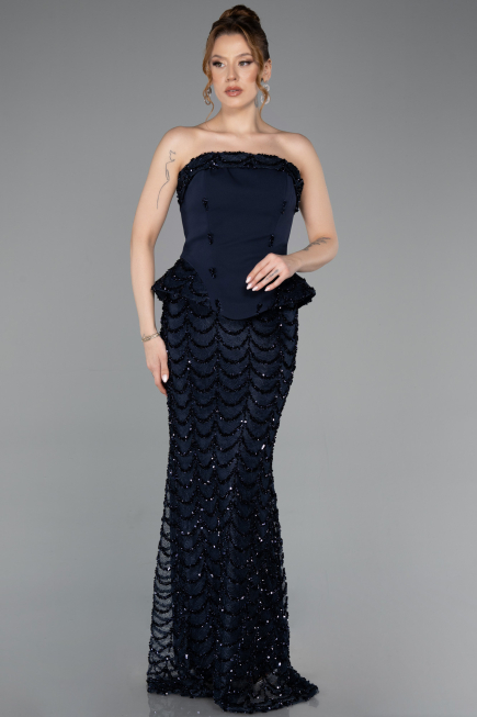 Abendkleid Lang Schuppig Marineblau ABU5919