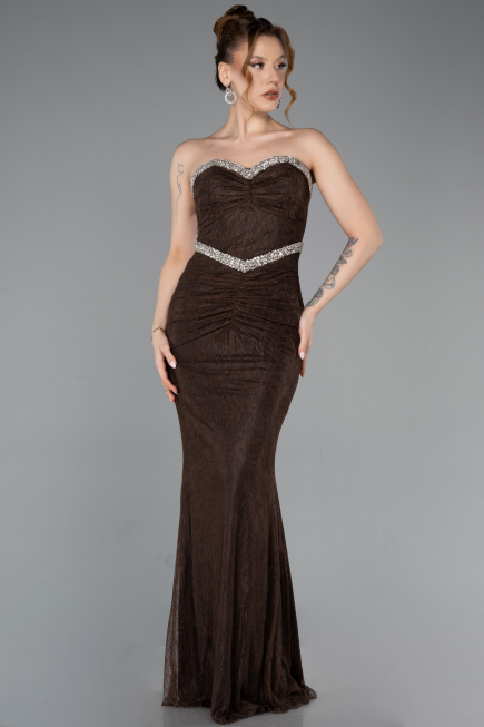 Abendkleid im Meerjungfrau-Stil Lang Spitze Braun ABU5921