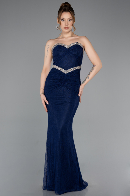 Abendkleid im Meerjungfrau-Stil Lang Spitze Marineblau ABU5921