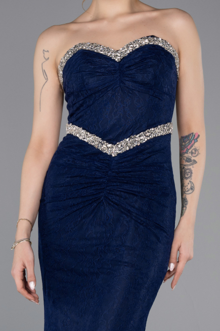 Abendkleid im Meerjungfrau-Stil Lang Spitze Marineblau ABU5921