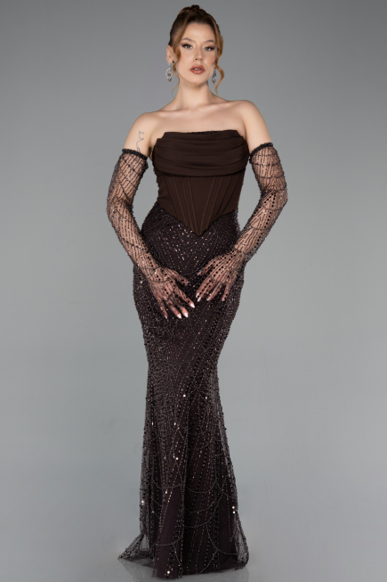 Abendkleid Lang Perlenbesetzt Braun ABU5922