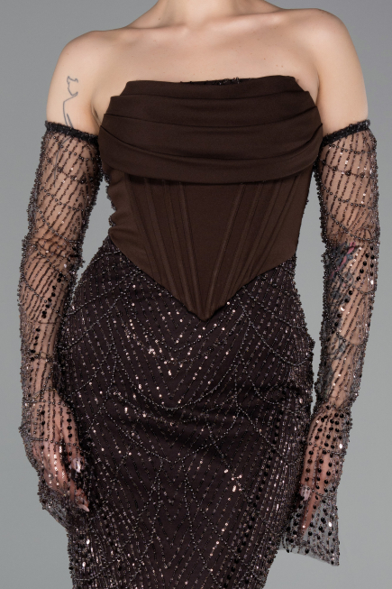 Abendkleid Lang Perlenbesetzt Braun ABU5922