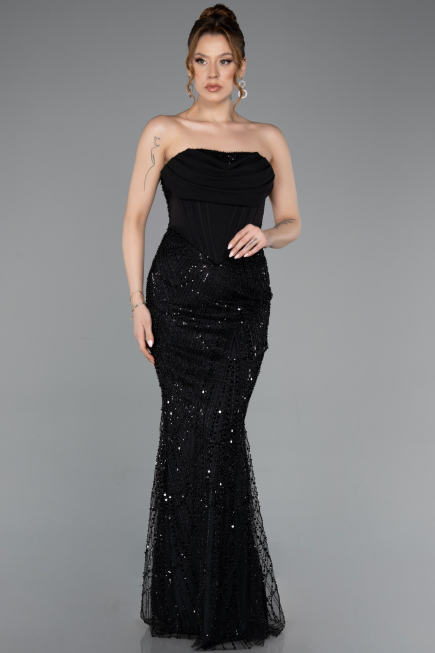 Abendkleid Lang Perlenbesetzt Schwarz ABU5922