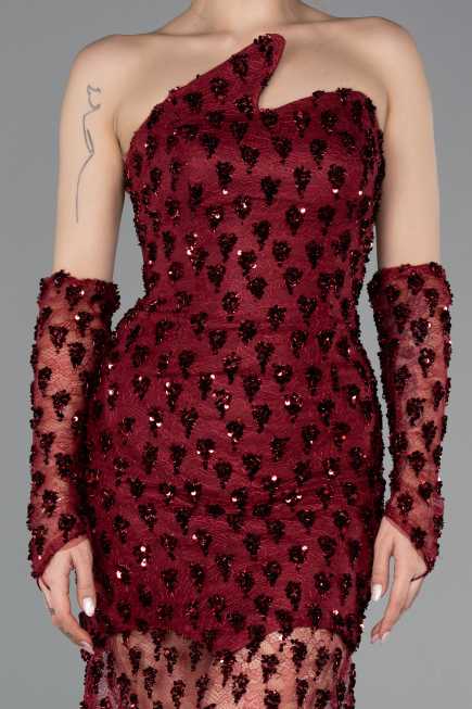 Abendkleid im Meerjungfrau-Stil Kurz Schuppig Weinrot ABK2581